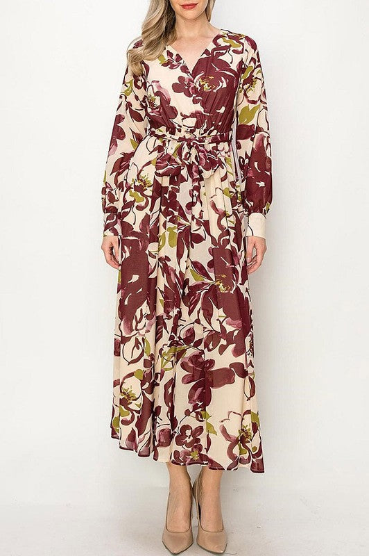 burgundy floral maxi dress Floral Surplice Maxi Dress- Black or Burgundy Large / Burgundy