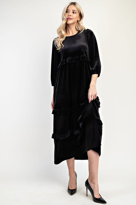 Amanda Velvet Ruffle Dress- Black