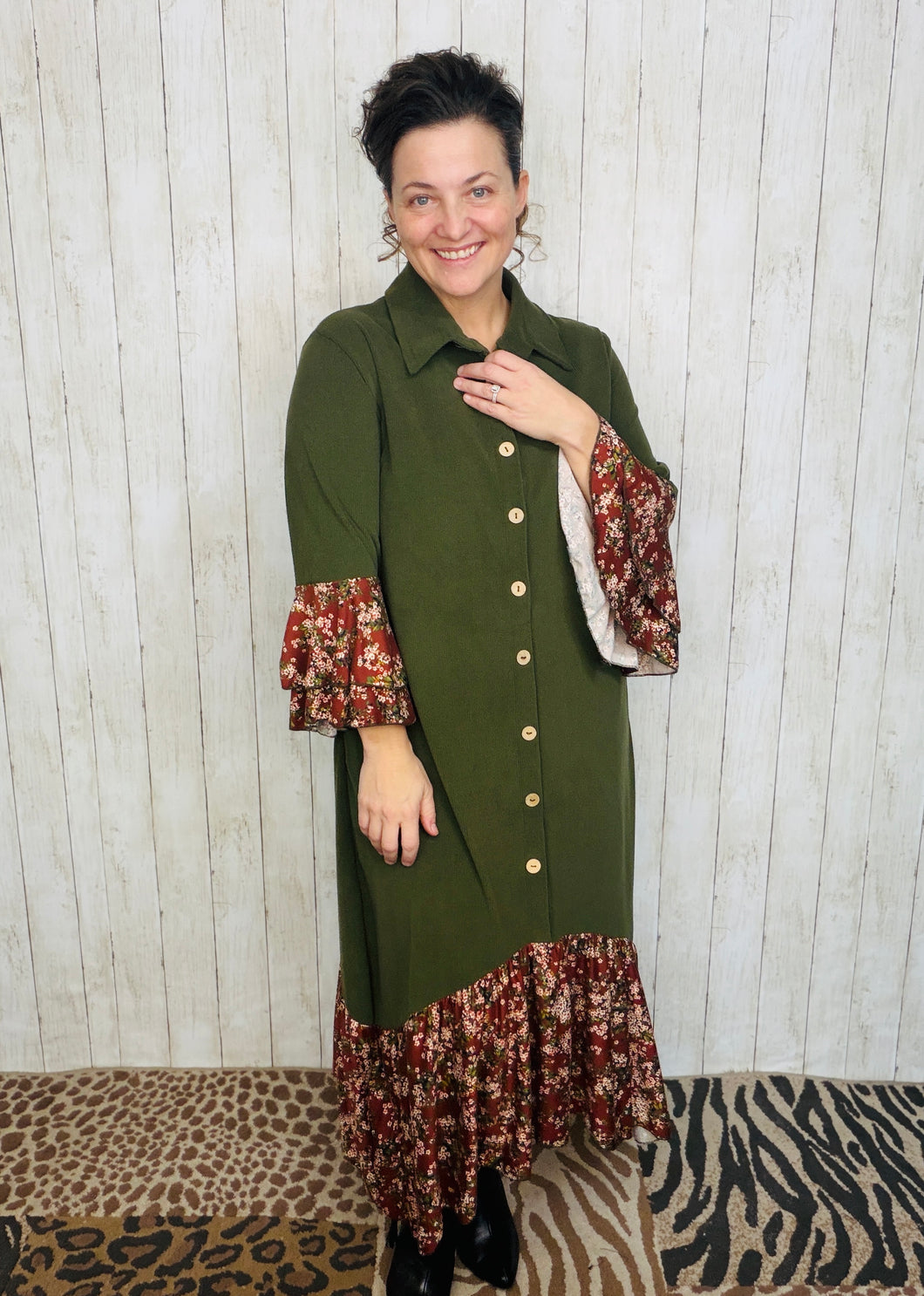 Cammie Button Front Dress- Olive & Floral