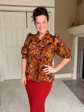 Rust & Floral Ruffle Front Blouse