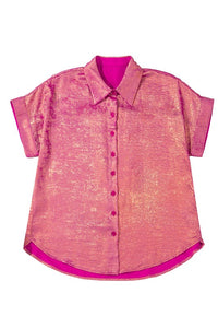 Metallic Short Sleeve Buttons Shirt-Pink or Rose Red