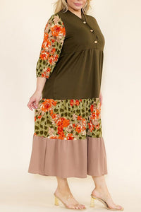 Danica Button Front & Color Block Dress - Olive