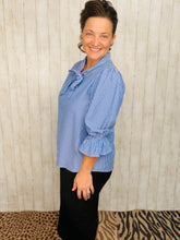 Lillian Bow Front Top- Blue & Ivory Striped