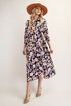 Lina Crinkle Fabric & Buttons Dress- Navy & Floral