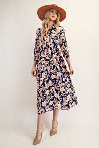 Lina Crinkle Fabric & Buttons Dress- Navy & Floral