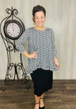 Samantha Ruffle High Low Tunic-Black & White Geometric