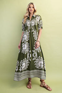 Melanie Boho Smocked Front Dress- Olive