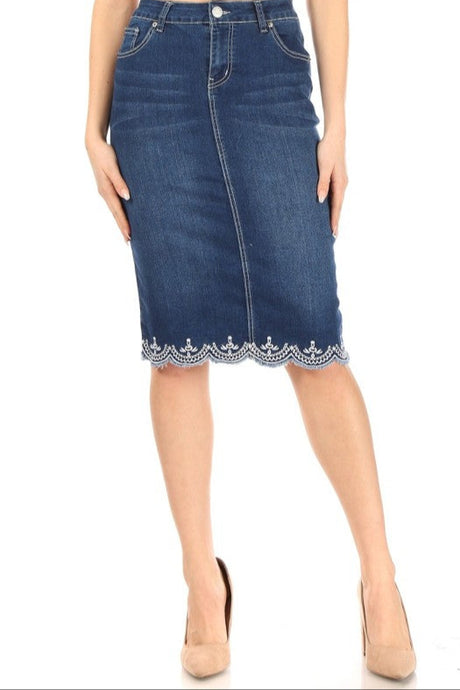 Lacy Detail Jean Skirt-Medium Wash