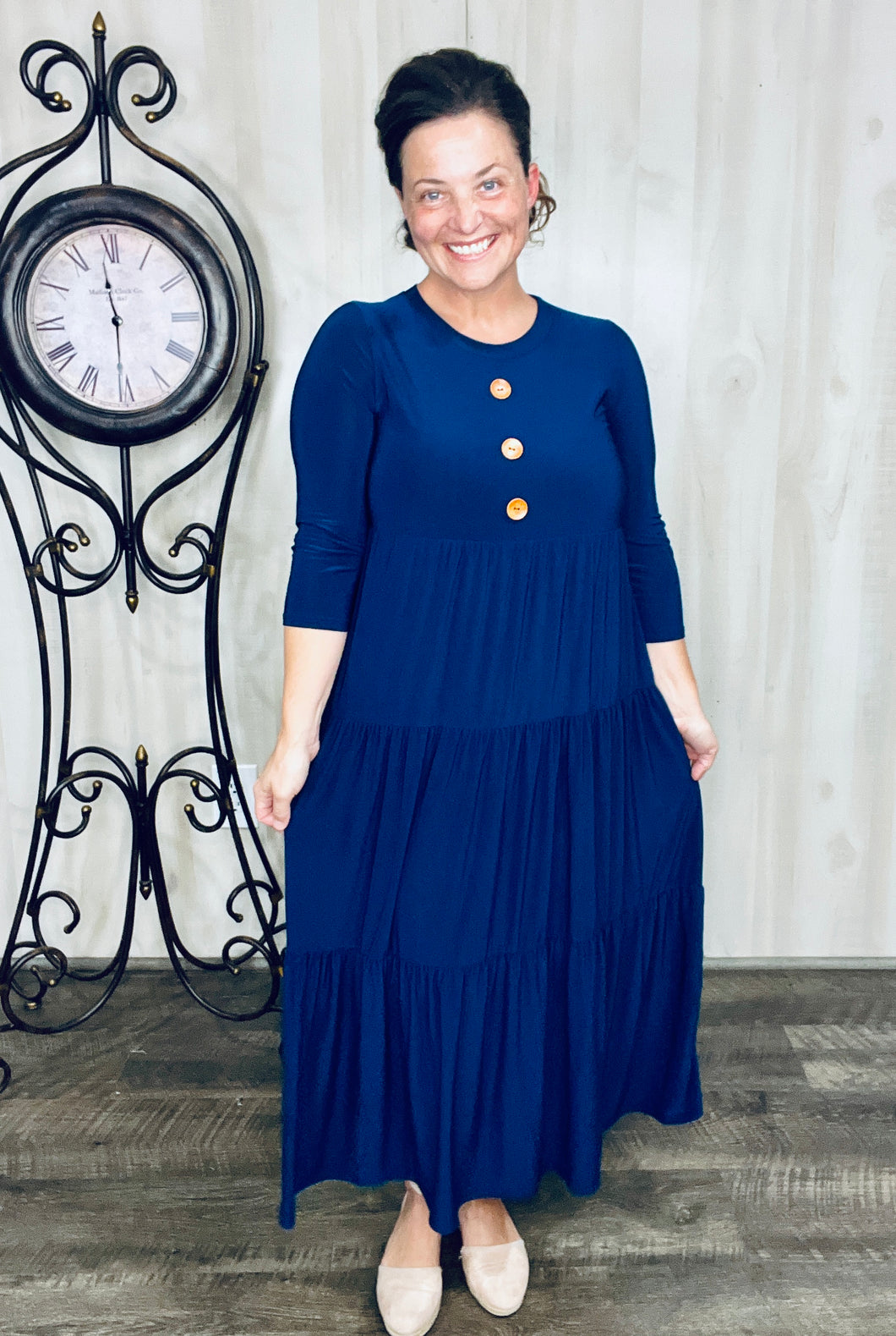Tonya & Wood Button Dress- Navy