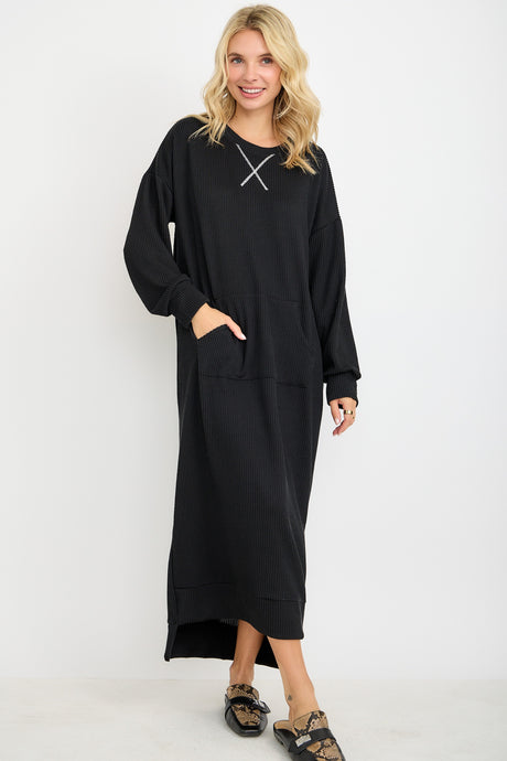 Sophia Sweatshirt Dress-Black Ribbed