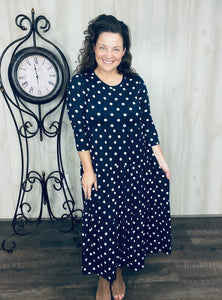 Tonya Tiered Dress- Navy Polkdadot