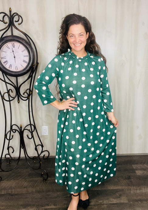 Cute & Comfy Polkadot Dress- Green