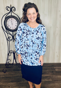 Peasant Style Top- Blue Leopard