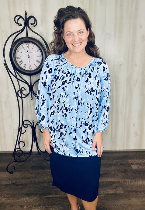 Peasant Style Top- Blue Leopard