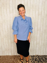 Lillian Bow Front Top- Blue & Ivory Striped