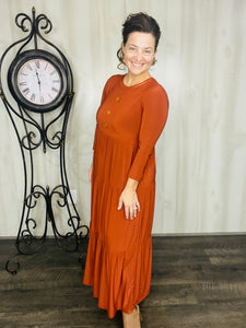 Tonya & Wood Button Dress- Brick