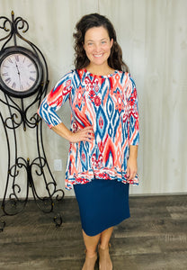 Samantha Ruffle High Low Tunic-Teal & Rust