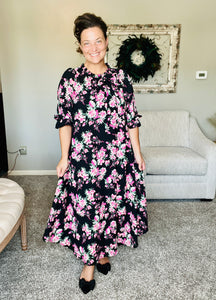 Power On The Day Dress- Black & Pink Floral