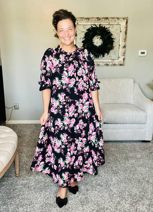 Power On The Day Dress- Black & Pink Floral