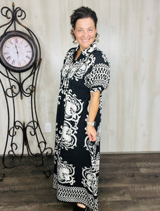 Melanie Boho Smocked Front Dress-Black