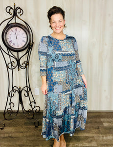 Tonya Tiered Dress- Navy Patchwork
