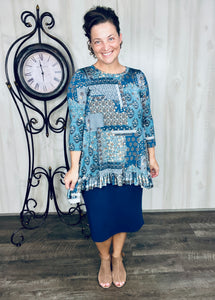 Samantha Ruffle High Low Tunic-Blue Patchwork & Floral