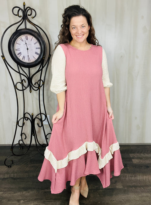 Michella High Low Dress-Mauve & Cream