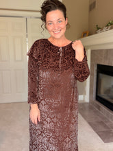 Kayla Velvet Burnout Dress- Warm Brown