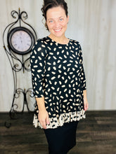 Samantha Ruffle High Low Tunic-Tan & Black Ink Blot