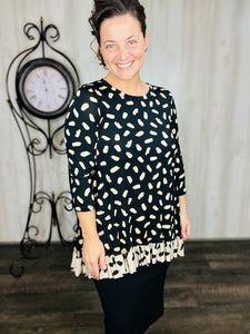 Samantha Ruffle High Low Tunic-Tan & Black Ink Blot