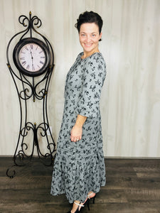 Rena Charcoal & Ditsy Floral Print Dress