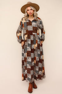 Kaylee Collared Animal Print Patchwork Dress
