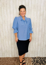 Lillian Bow Front Top- Blue & Ivory Striped