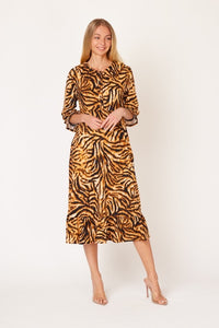 Tiger Print & Buttons Collared Dress