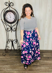 Julie Stripes & Floral Maxi Print Dress