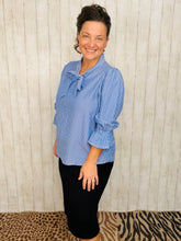Lillian Bow Front Top- Blue & Ivory Striped