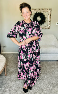 Power On The Day Dress- Black & Pink Floral