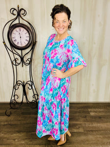 Libby Aqua & Fuchsia Print Ruffle Dress