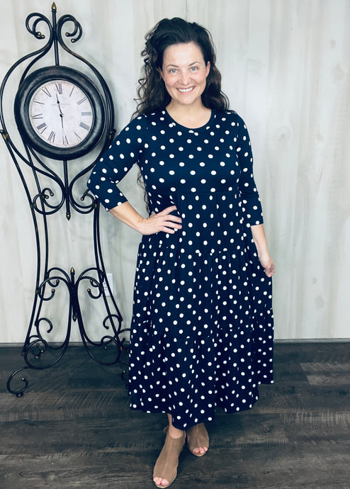 Tonya Tiered Dress- Navy Polkdadot