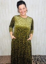 Kayla Ruffled Burnout Velvet Dress-Olive Leopard