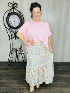 Floral Print Tiered Maxi Skirt (PLUS)- White