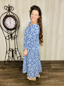 Cassie Marie Tiered Boho Style Dress-Blue Geometric