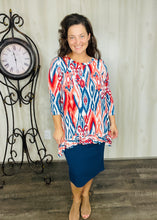 Samantha Ruffle High Low Tunic-Teal & Rust