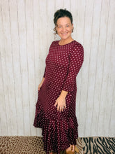Burgundy & Pink Polkadot Dreams Ruffle Hem Dress