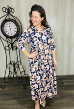 Lina Crinkle Fabric & Buttons Dress- Navy & Floral