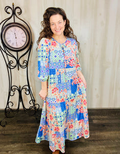 Cassie Tiered Boho Style Dress-Blue Patchwork
