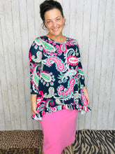 Samantha Ruffle High Low Tunic-Navy & Pink Paisley