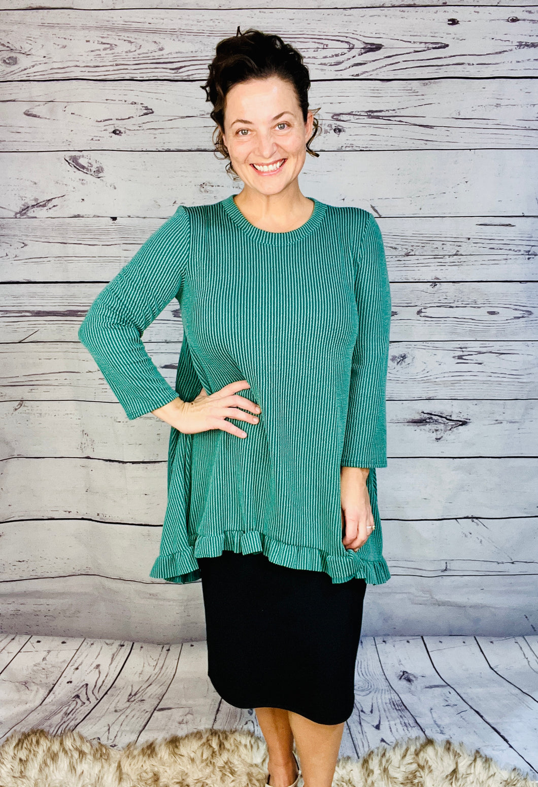 Samantha Ruffle High Low Tunic-Ribbed Green