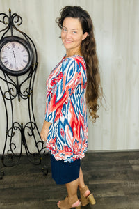 Samantha Ruffle High Low Tunic-Teal & Rust