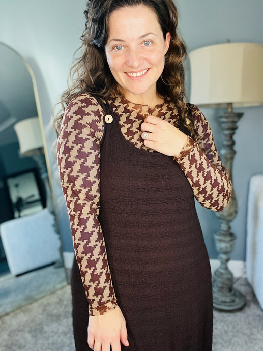 Brown Houndstooth Mesh Layering Style Top